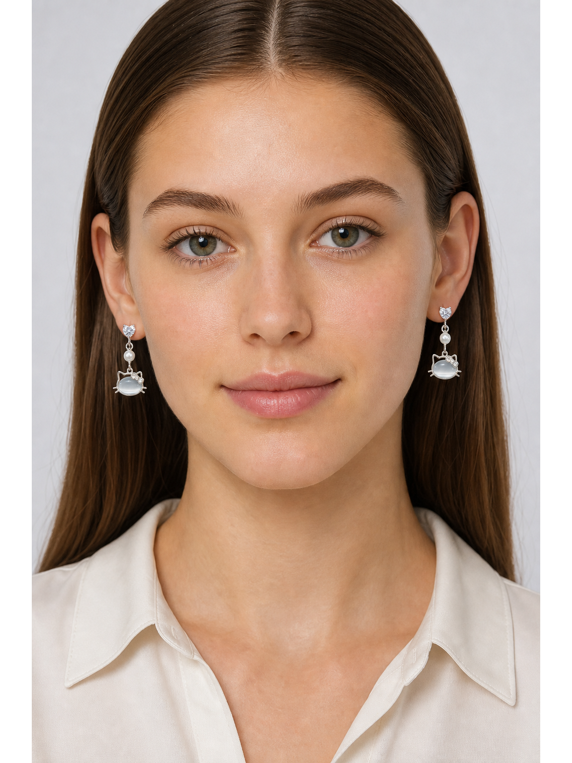 Cat Face Heart Zircon Drop Rhodium with Sterling Silver Posts Earring 2
