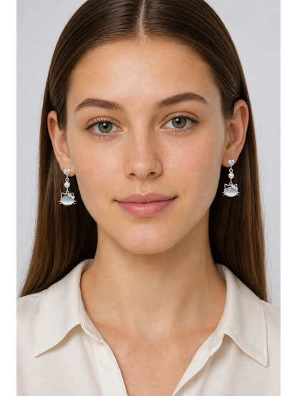 Cat Face Heart Zircon Drop Rhodium with Sterling Silver Posts Earring 2