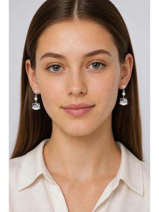 Cat Face Heart Zircon Drop Rhodium with Sterling Silver Posts Earring 2