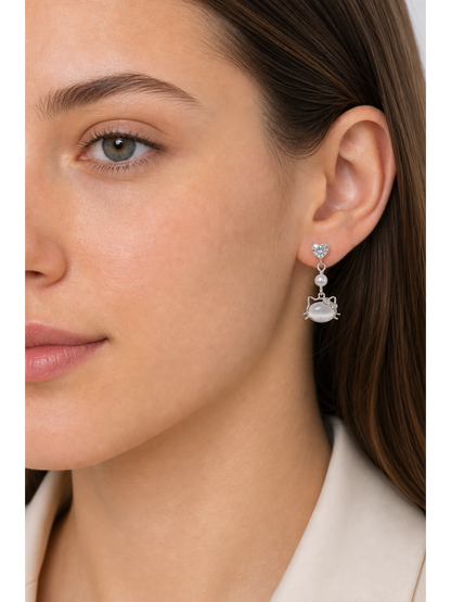 Cat Face Heart Zircon Drop Rhodium with Sterling Silver Posts Earring 3