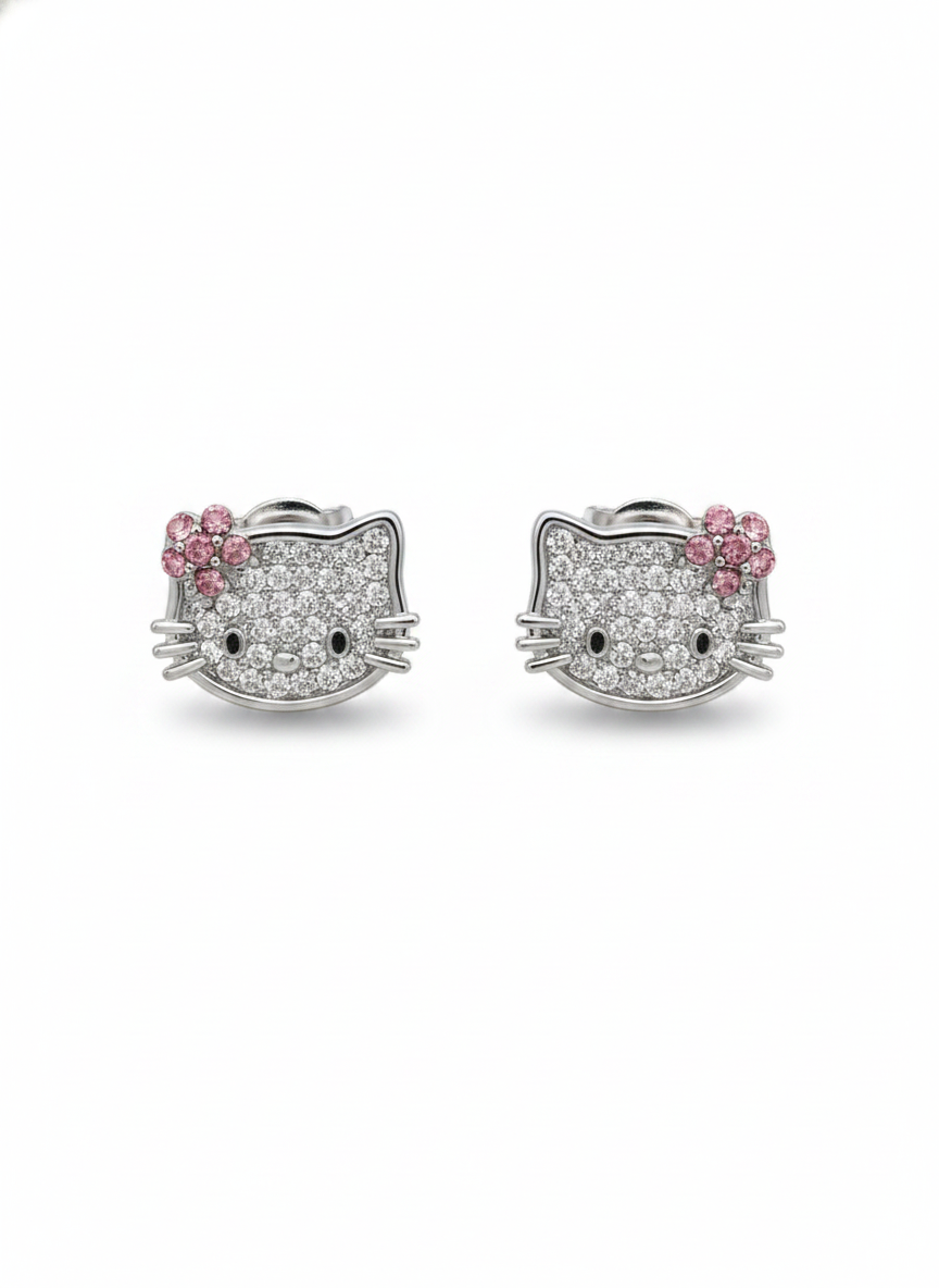 Plated Cat Face With Zircon Accents Rhodium with Sterling Silver Posts Earring 1
