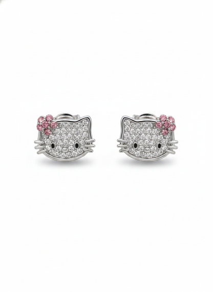 Plated Cat Face With Zircon Accents Rhodium with Sterling Silver Posts Earring 1