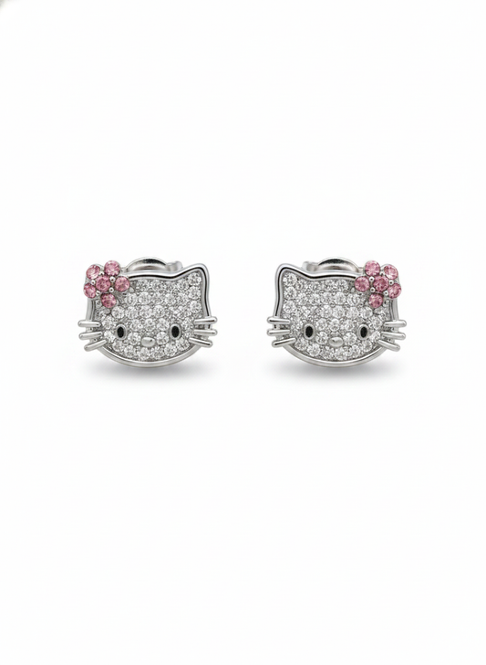 Plated Cat Face With Zircon Accents Rhodium with Sterling Silver Posts Earring 1