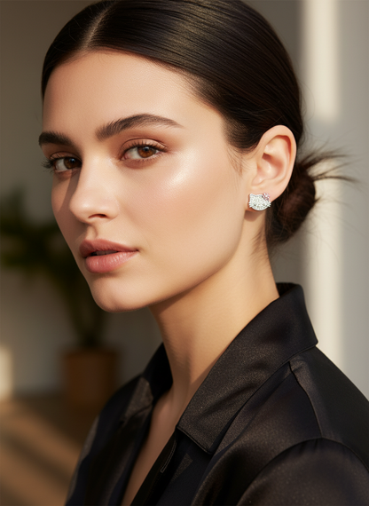 Plated Cat Face With Zircon Accents Rhodium with Sterling Silver Posts Earring 3