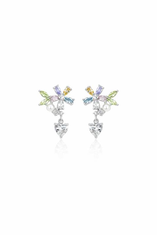 Plated Colorful Zircon & Pearl Teardrop Rhodium with Sterling Silver Posts Earring 1