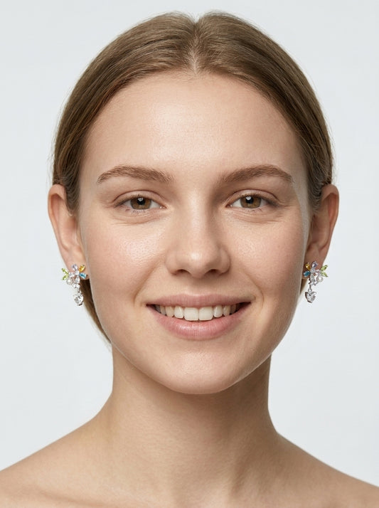 Plated Colorful Zircon & Pearl Teardrop Rhodium with Sterling Silver Posts Earring 2