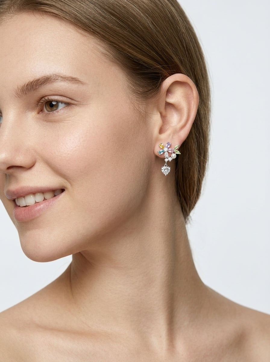 Plated Colorful Zircon & Pearl Teardrop Rhodium with Sterling Silver Posts Earring 3
