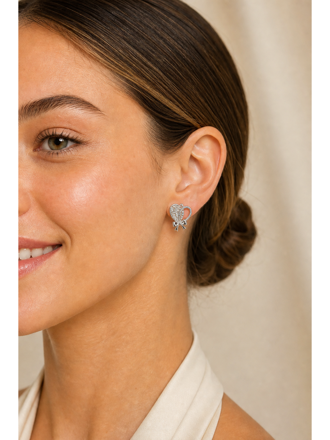 Double Heart Bow Rhodium with Sterling Silver Posts Earring 3