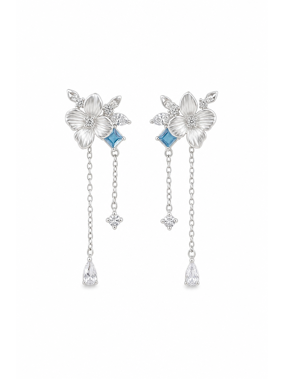 Floral Drop With Blue Zircon Accents Rhodium with Sterling Silver Posts Earring 1