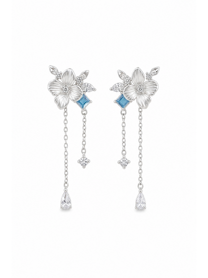 Floral Drop With Blue Zircon Accents Rhodium with Sterling Silver Posts Earring 1