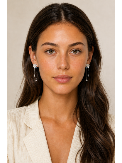 Floral Drop With Blue Zircon Accents Rhodium with Sterling Silver Posts Earring 2