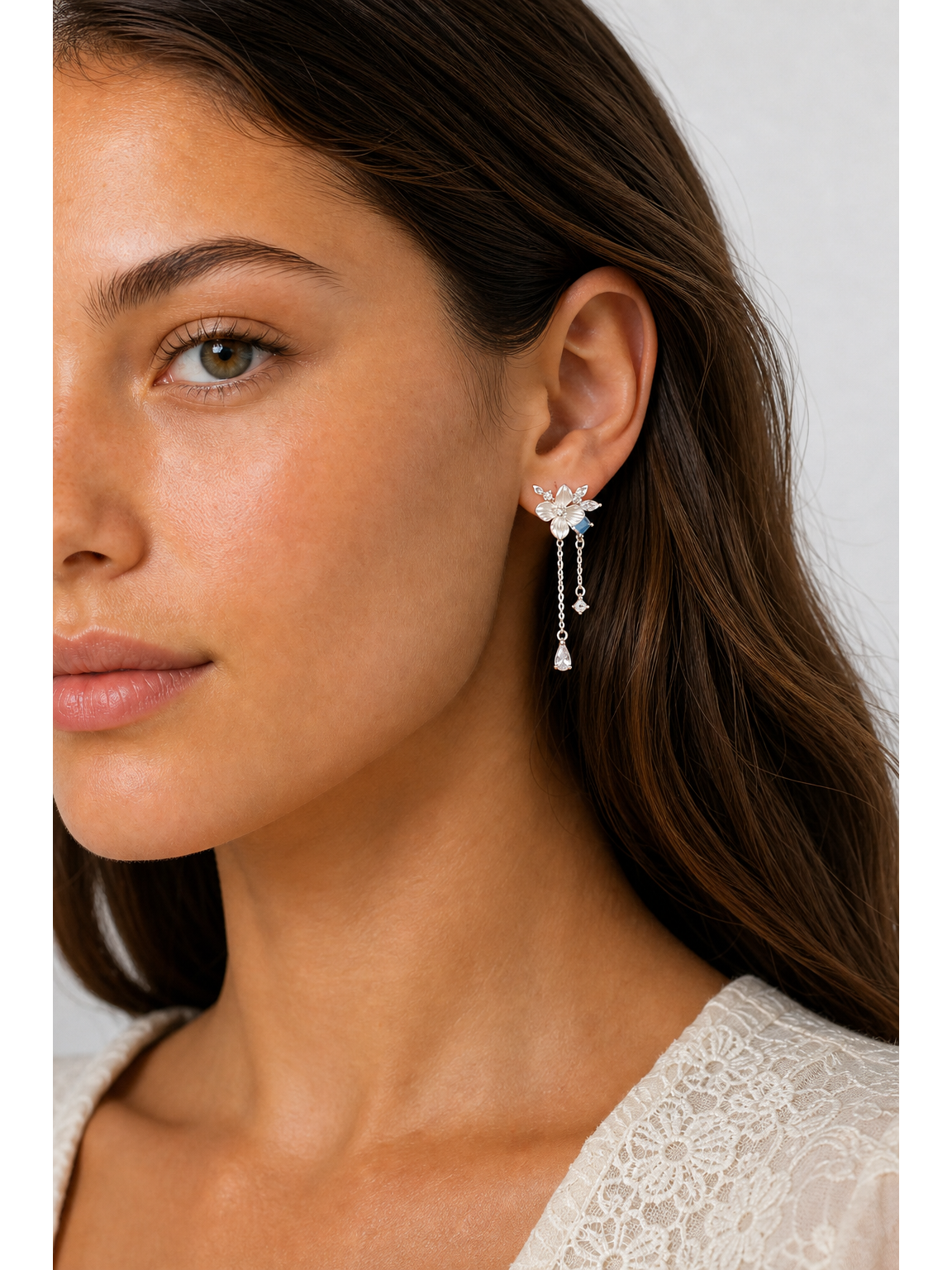Floral Drop With Blue Zircon Accents Rhodium with Sterling Silver Posts Earring 3