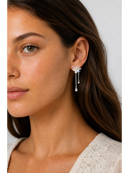 Floral Drop With Blue Zircon Accents Rhodium with Sterling Silver Posts Earring 3
