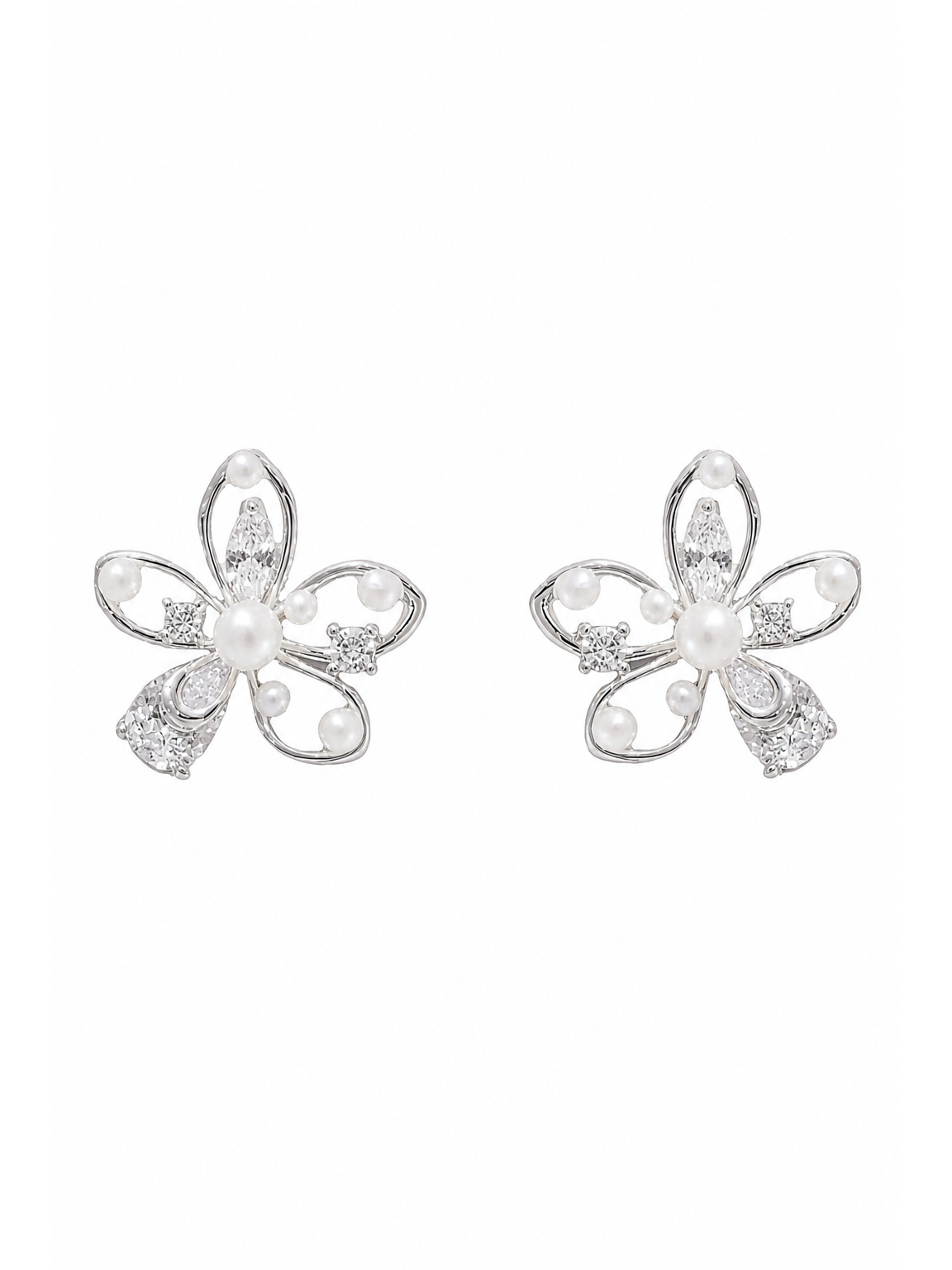 Floral Pearl And Cubic Zirconia Rhodium with Sterling Silver Posts Earring 1