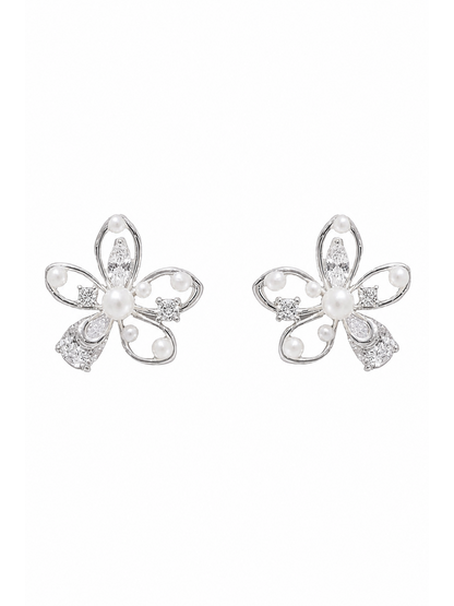 Floral Pearl And Cubic Zirconia Rhodium with Sterling Silver Posts Earring 1