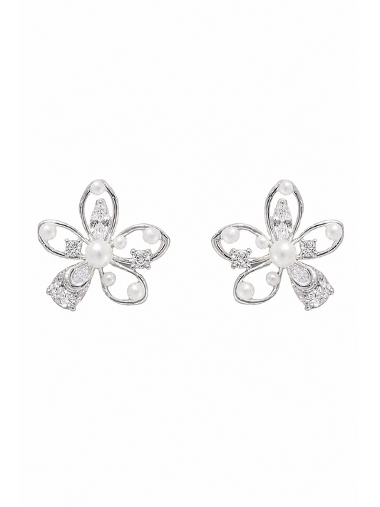 Floral Pearl And Cubic Zirconia Rhodium with Sterling Silver Posts Earring 1