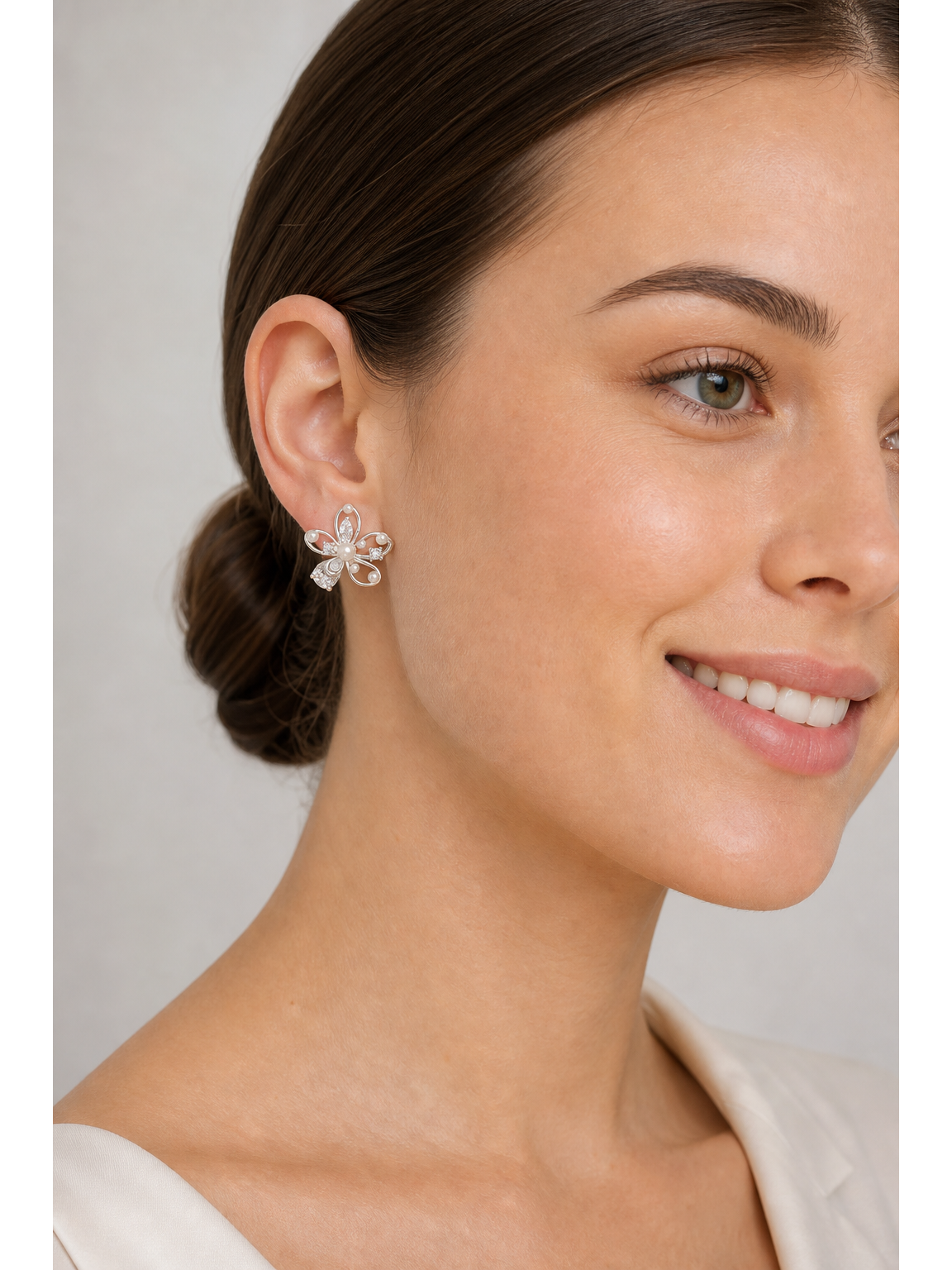 Floral Pearl And Cubic Zirconia Rhodium with Sterling Silver Posts Earring 3