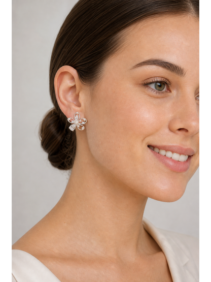 Floral Pearl And Cubic Zirconia Rhodium with Sterling Silver Posts Earring 3