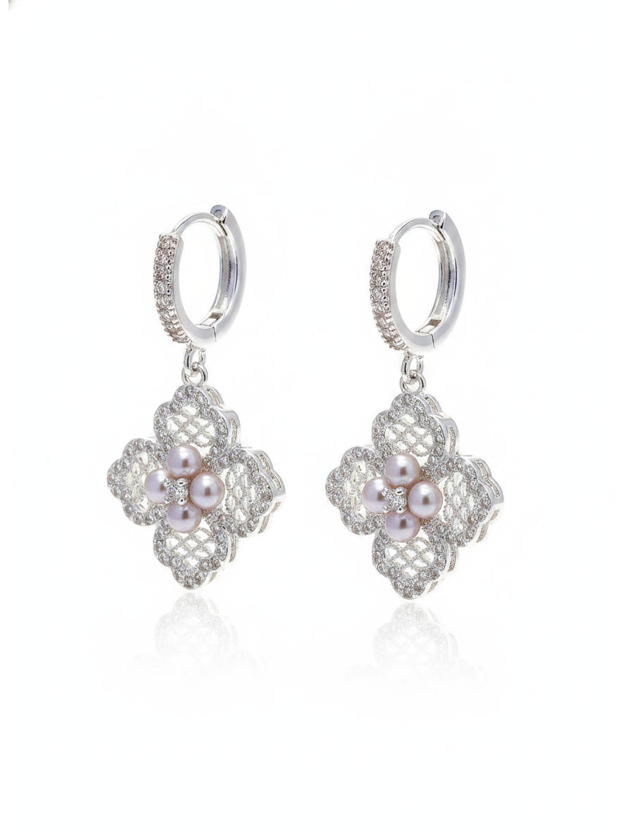 Floral Pearl Drop Hoop Rhodium with Sterling Silver Posts Earring 1