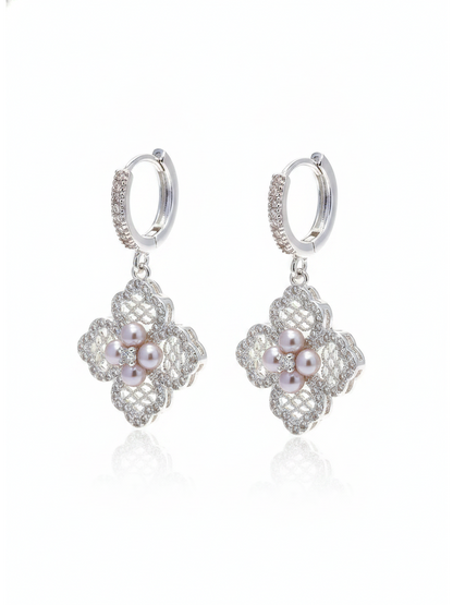 Floral Pearl Drop Hoop Rhodium with Sterling Silver Posts Earring 1