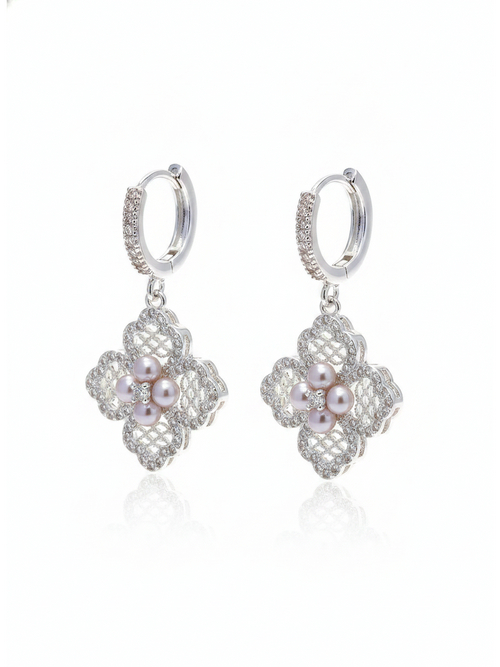 Floral Pearl Drop Hoop Rhodium with Sterling Silver Posts Earring