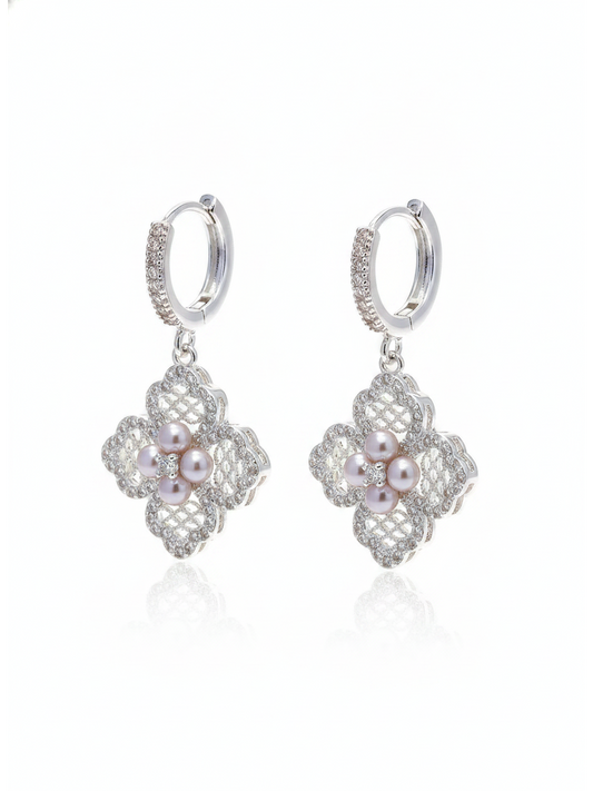 Floral Pearl Drop Hoop Rhodium with Sterling Silver Posts Earring 1