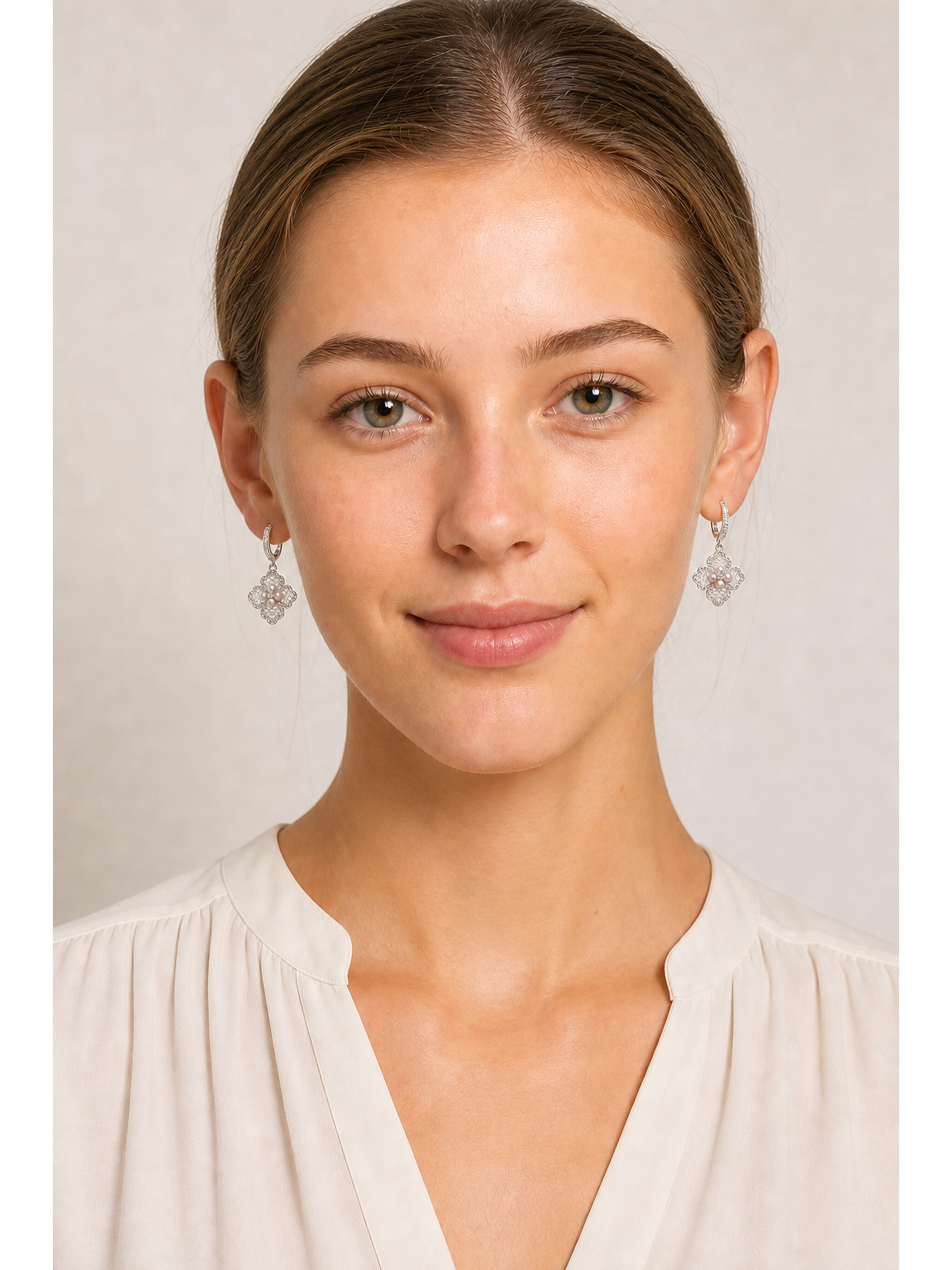 Floral Pearl Drop Hoop Rhodium with Sterling Silver Posts Earring 2