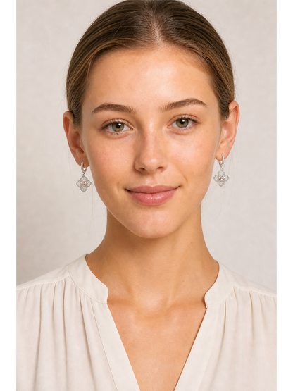 Floral Pearl Drop Hoop Rhodium with Sterling Silver Posts Earring 2