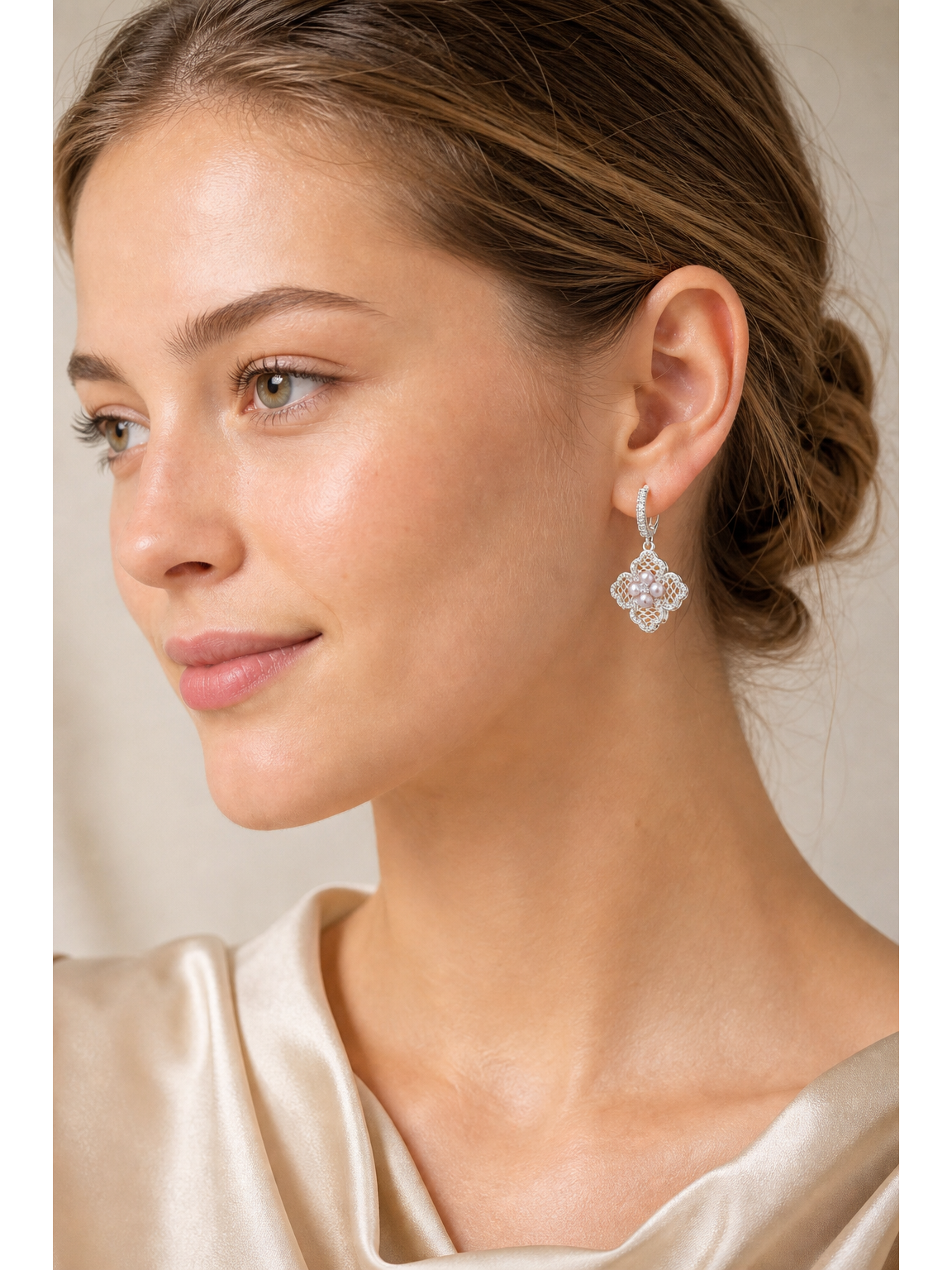 Floral Pearl Drop Hoop Rhodium with Sterling Silver Posts Earring 3
