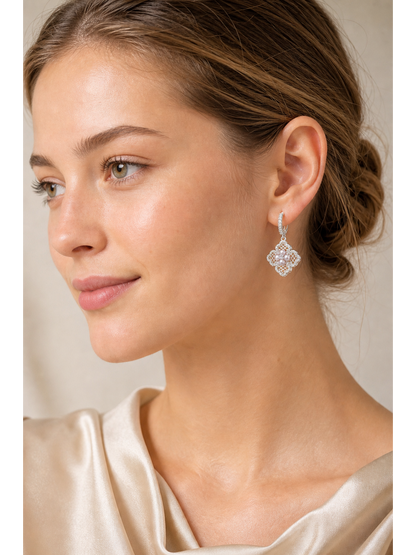 Floral Pearl Drop Hoop Rhodium with Sterling Silver Posts Earring 3