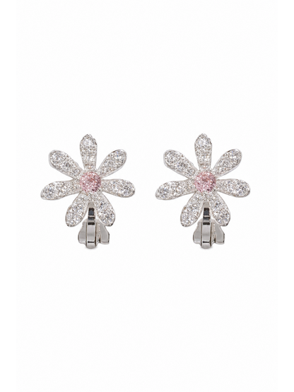 Floral Zircon Clip-on Rhodium with Sterling Silver Posts Earring 1
