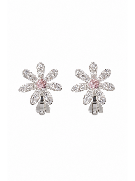 Floral Zircon Clip-on Rhodium with Sterling Silver Posts Earring 1