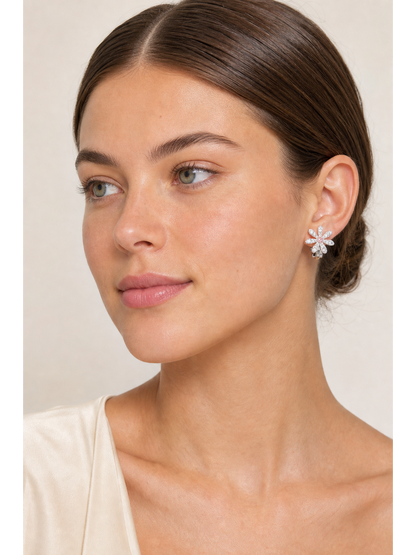 Floral Zircon Clip-on Rhodium with Sterling Silver Posts Earring 3