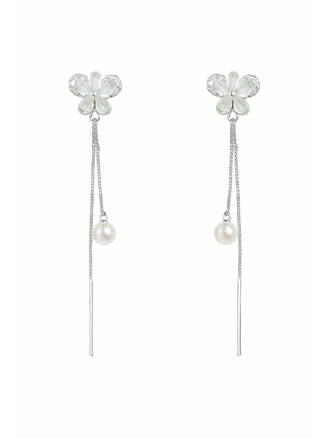 Flower Pearl Tassel Rhodium with Sterling Silver Posts Earring 1