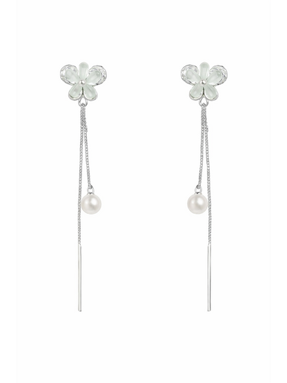 Flower Pearl Tassel Rhodium with Sterling Silver Posts Earring 1