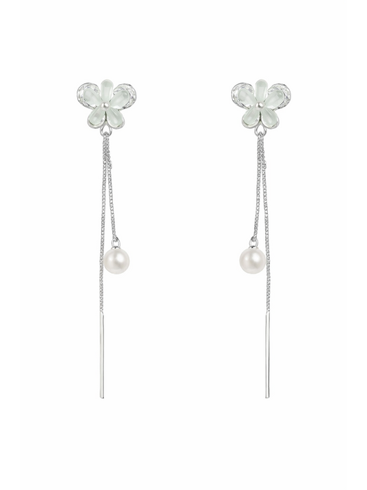 Flower Pearl Tassel Rhodium with Sterling Silver Posts Earring 1