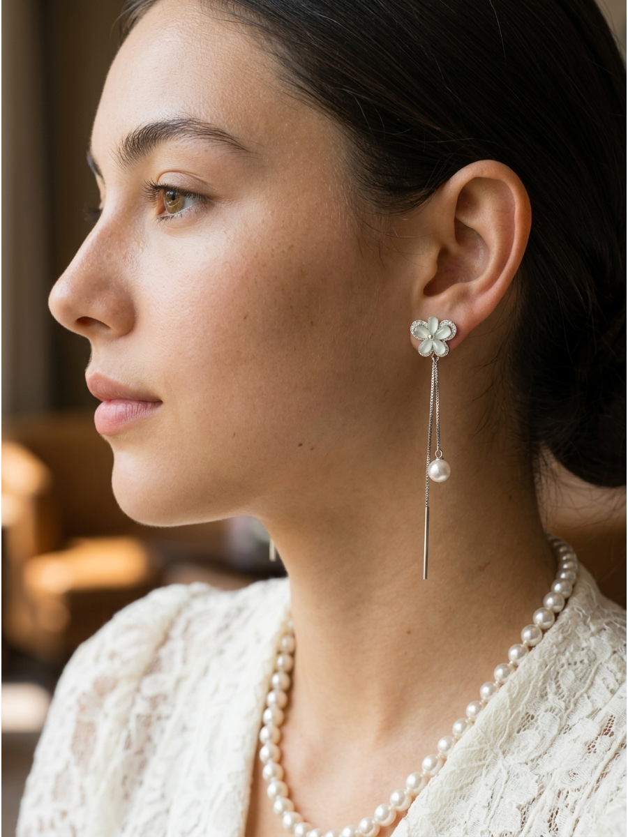 Flower Pearl Tassel Rhodium with Sterling Silver Posts Earring 3