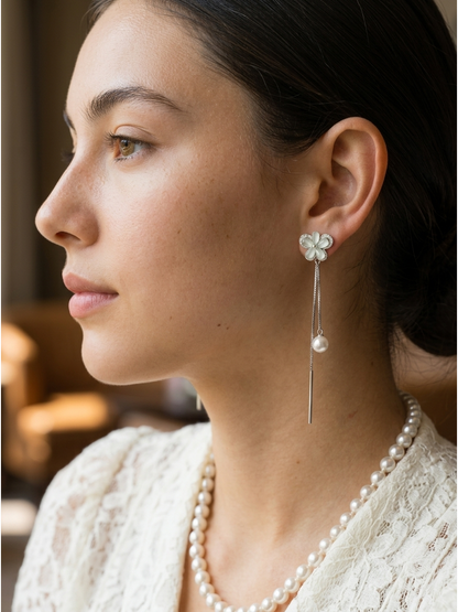 Flower Pearl Tassel Rhodium with Sterling Silver Posts Earring 3