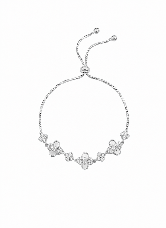 Rhodium Plated Four-Leaf Clover Cubic Zirconia Adjustable Bracelet 1