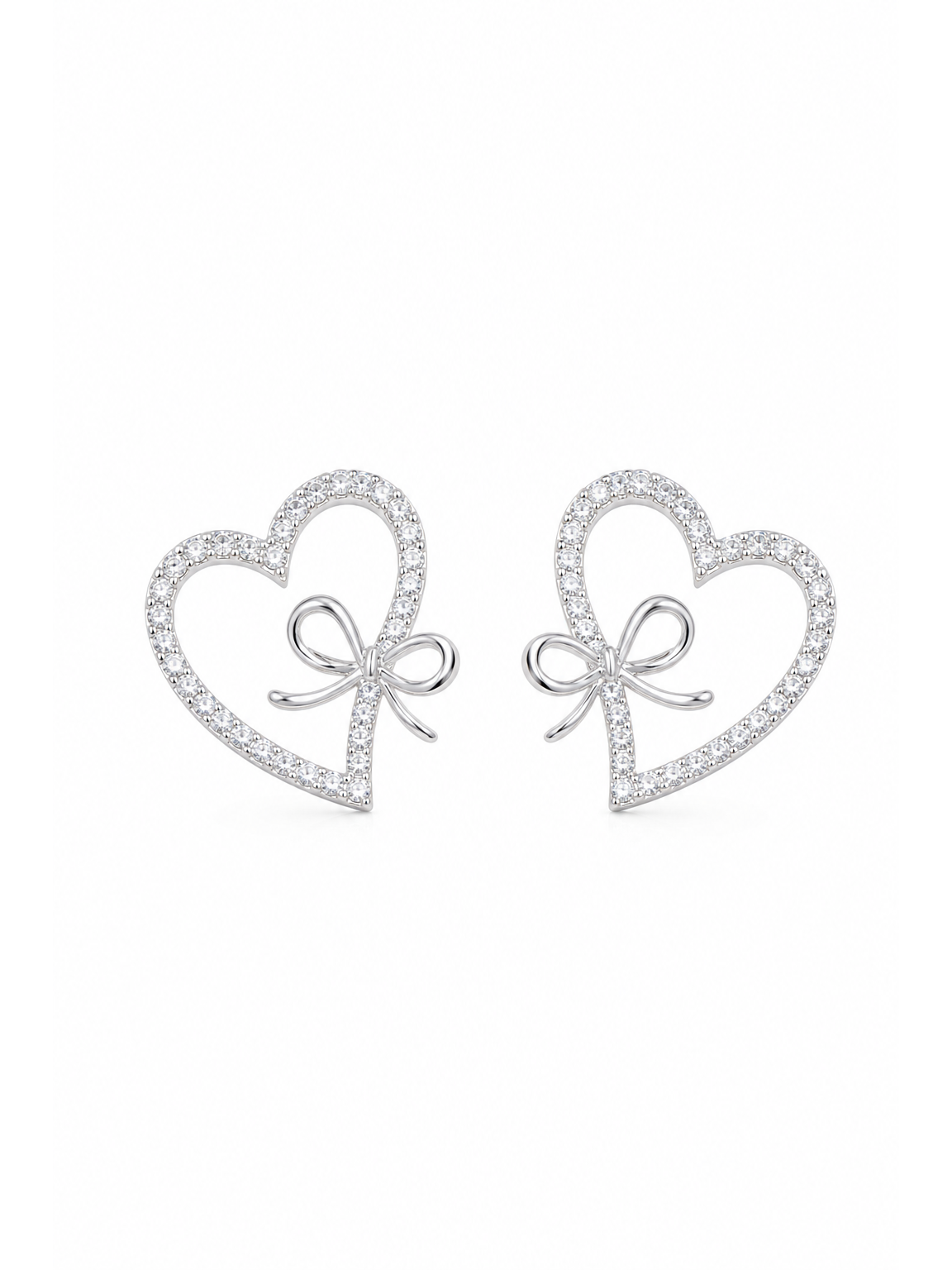 Heart Bow Zircon Rhodium with Sterling Silver Posts Earring 1