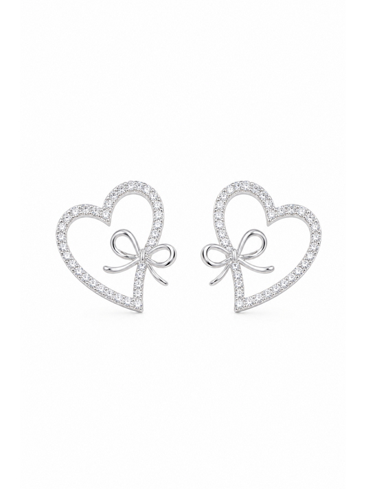 Heart Bow Zircon Rhodium with Sterling Silver Posts Earring 1