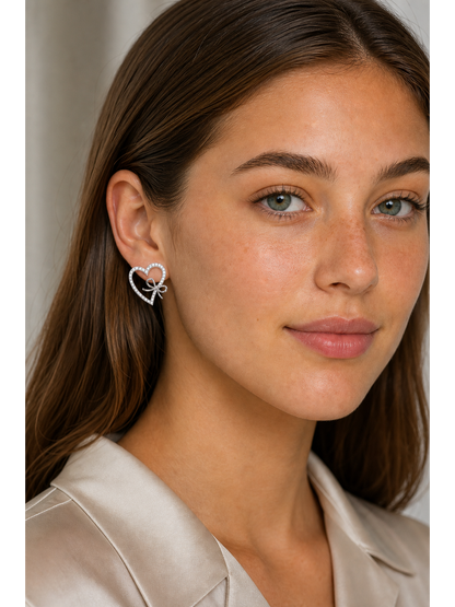 Heart Bow Zircon Rhodium with Sterling Silver Posts Earring 3