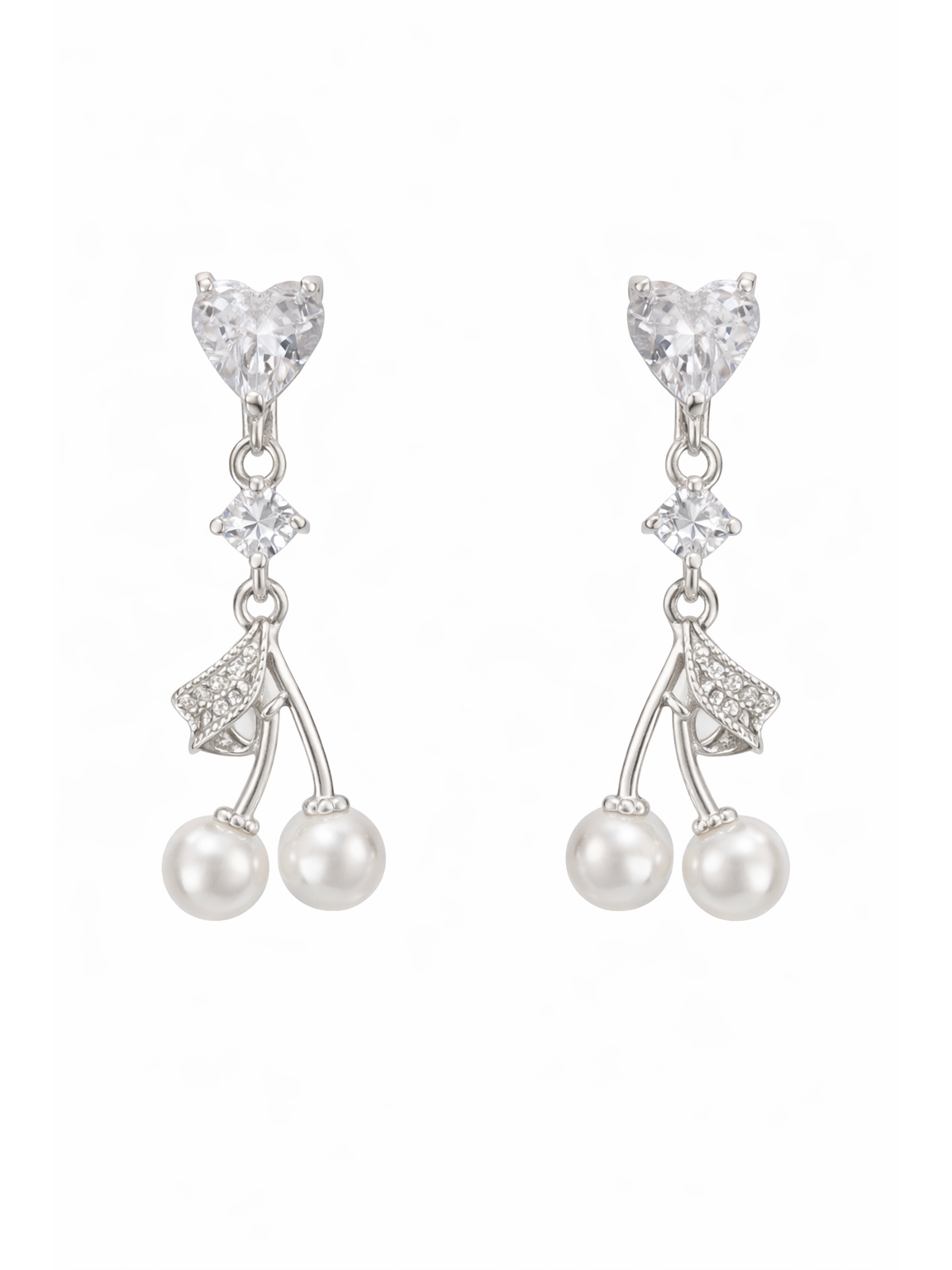 Heart Cherry Pearl Drop Rhodium with Sterling Silver Posts Earring 1