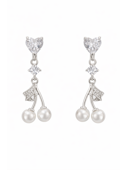 Heart Cherry Pearl Drop Rhodium with Sterling Silver Posts Earring 1
