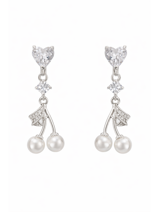 Heart Cherry Pearl Drop Rhodium with Sterling Silver Posts Earring 1