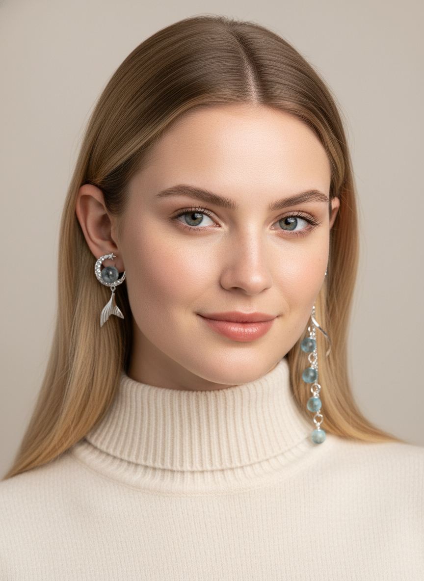 Plated Mermaid Moon Drop With Blue Zircon Accents Rhodium with Sterling Silver Posts Earr… 2