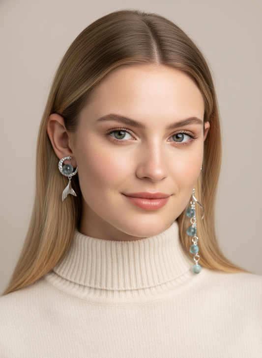 Plated Mermaid Moon Drop With Blue Zircon Accents Rhodium with Sterling Silver Posts Earr… 2