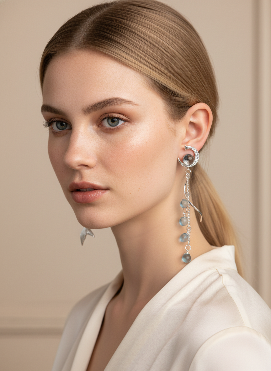 Plated Mermaid Moon Drop With Blue Zircon Accents Rhodium with Sterling Silver Posts Earr… 3