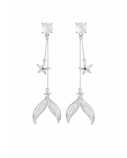 Mermaid Tail Star Drop Rhodium with Sterling Silver Posts Earring