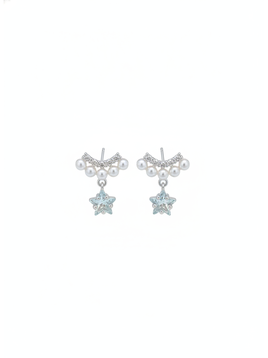 Pearl And Blue Star Drop Rhodium with Sterling Silver Posts Earring 1